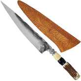 Faca Artesanal 13' Forjada Integral Robusta Grande Anel Duplo 10mm Cabo Misto Chifre de Cervo Osso